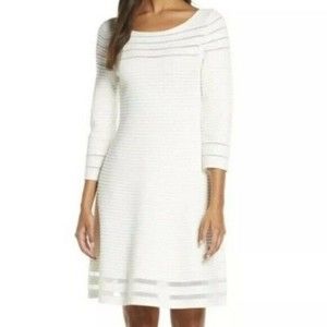 Eliza J Women Mesh Fit & Flare Dress White Ribbed 3/4 Sleeve L